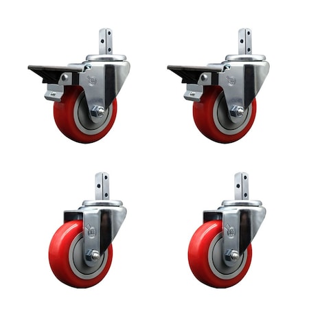 Service Caster 3.5'' Red Polyurethane Wheel Swivel 3/4'' Square Stem Caster Set 2 Brake, 4PK SCC-SQ20S3514-PPUB-RED-PLB-34-2-S-2